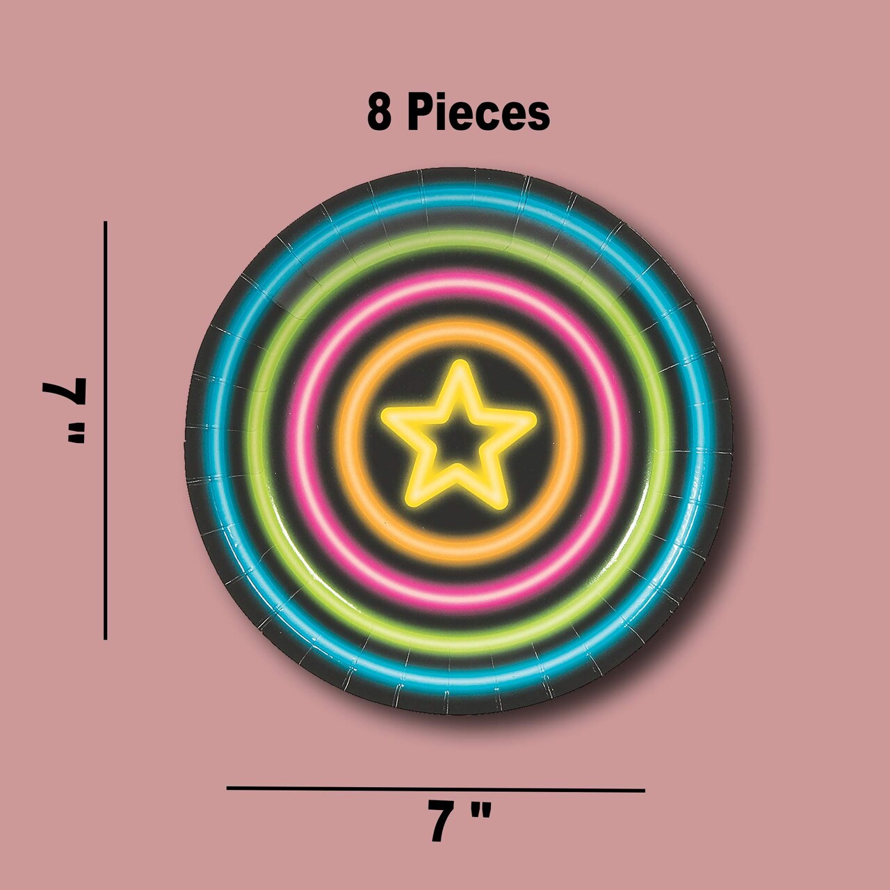 8 Ct. 7" Neon Glow Party Paper Dessert Plates Star Design with Vibrant Neon Colors on Black Background, Disposable Birthday Plates